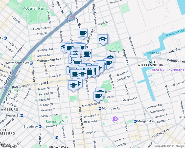 map of restaurants, bars, coffee shops, grocery stores, and more near 65 Bushwick Avenue in Brooklyn