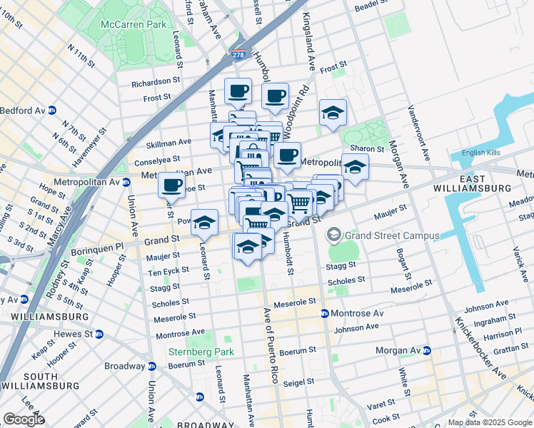 map of restaurants, bars, coffee shops, grocery stores, and more near 260 Ainslie Street in Brooklyn
