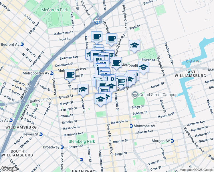 map of restaurants, bars, coffee shops, grocery stores, and more near 260 Ainslie Street in Brooklyn