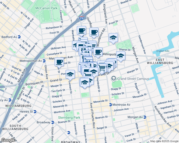 map of restaurants, bars, coffee shops, grocery stores, and more near 260 Ainslie Street in Brooklyn