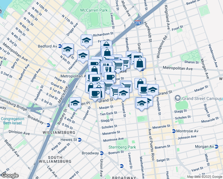 map of restaurants, bars, coffee shops, grocery stores, and more near 149 Ainslie Street in Brooklyn