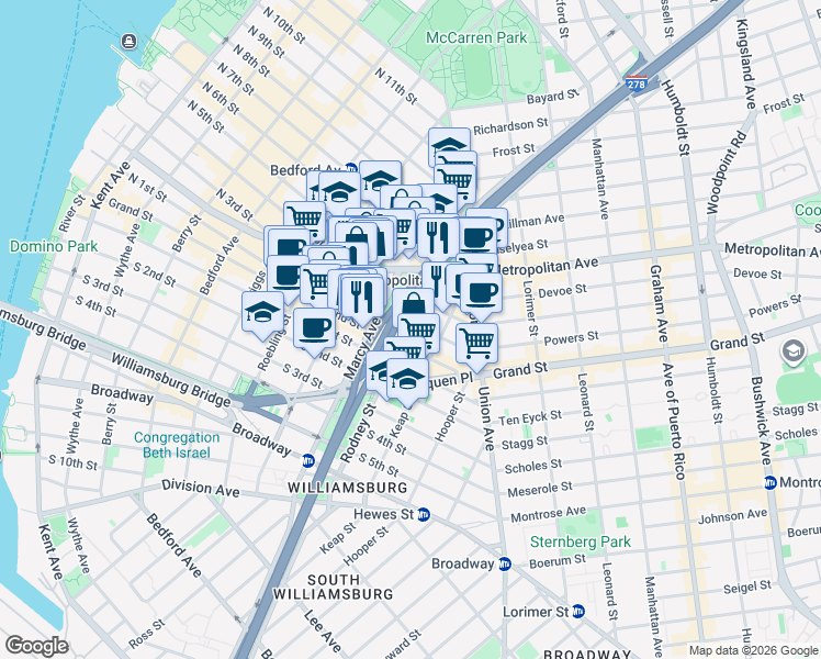 map of restaurants, bars, coffee shops, grocery stores, and more near 28 Marcy Avenue in Brooklyn