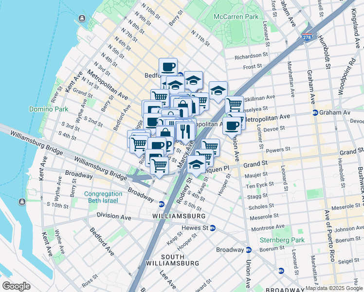 map of restaurants, bars, coffee shops, grocery stores, and more near 40 Marcy Avenue in Brooklyn