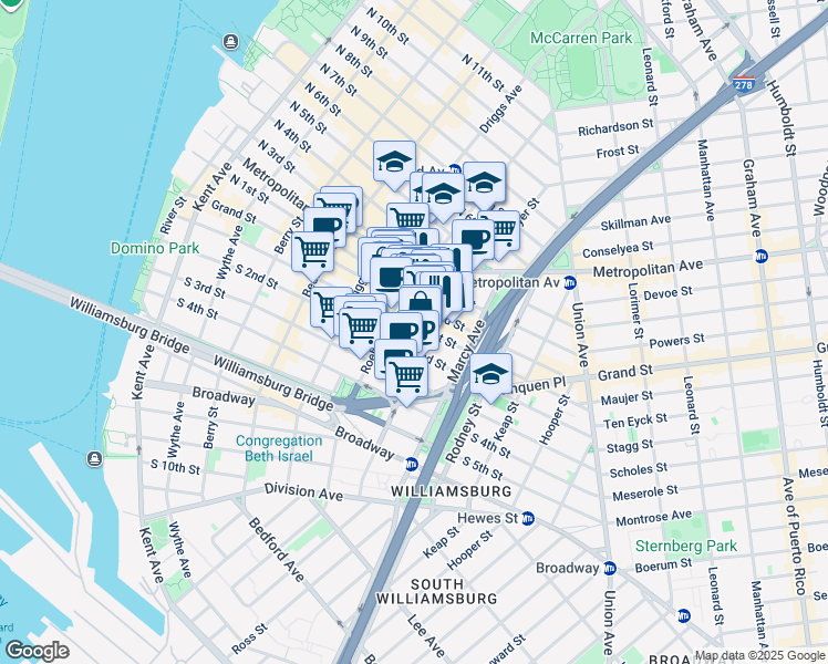 map of restaurants, bars, coffee shops, grocery stores, and more near 131 Havemeyer Street in Brooklyn