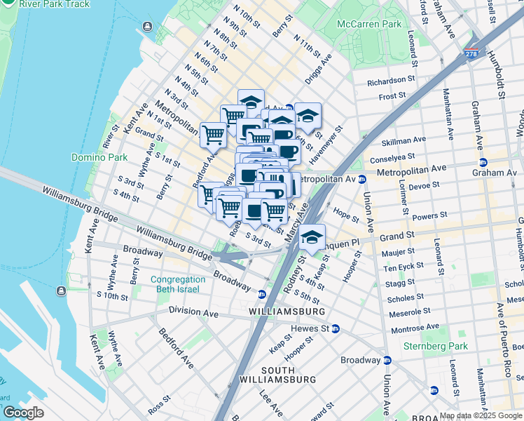 map of restaurants, bars, coffee shops, grocery stores, and more near 124-128 Havemeyer Street in Brooklyn