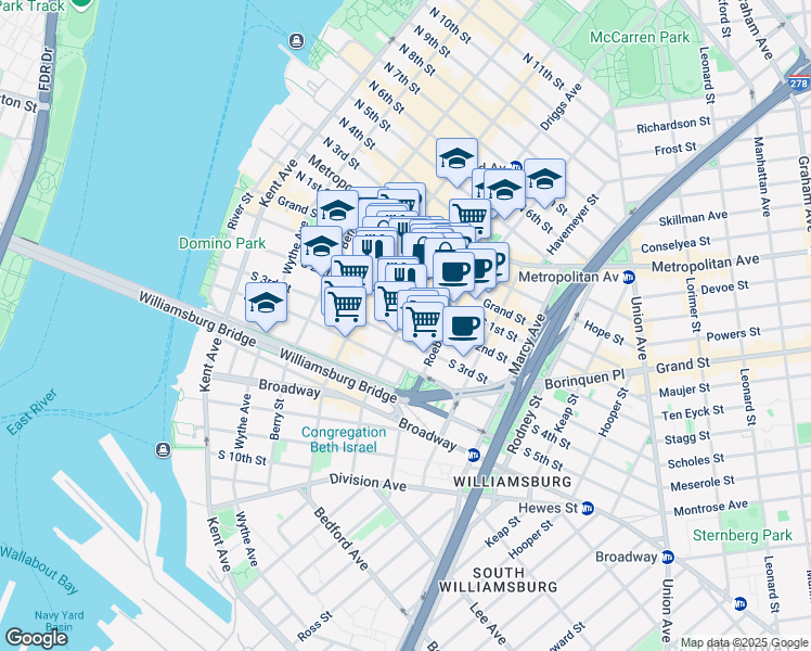 map of restaurants, bars, coffee shops, grocery stores, and more near 706 Driggs Avenue in Brooklyn