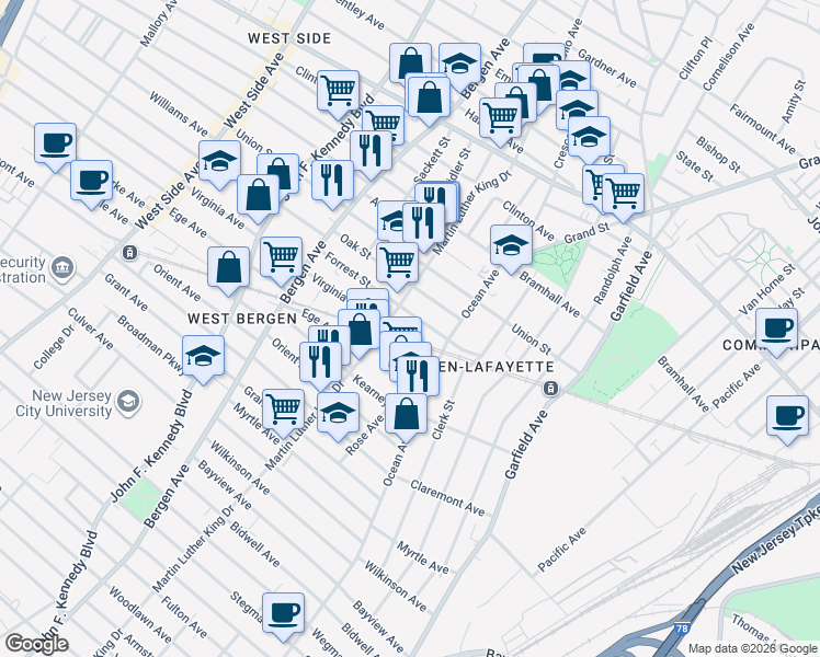 map of restaurants, bars, coffee shops, grocery stores, and more near 31 Oak Street in Jersey City