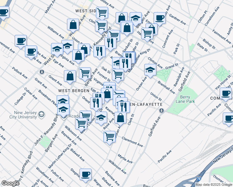 map of restaurants, bars, coffee shops, grocery stores, and more near 315 Forrest Street in Jersey City