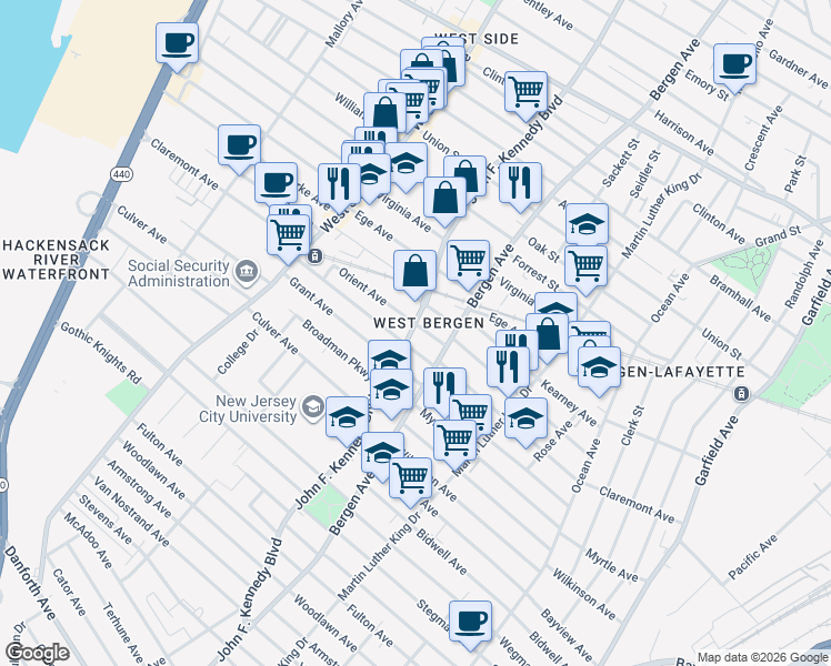 map of restaurants, bars, coffee shops, grocery stores, and more near in Jersey City