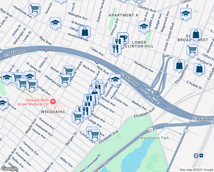 map of restaurants, bars, coffee shops, grocery stores, and more near 384-386 Chadwick Avenue in Newark