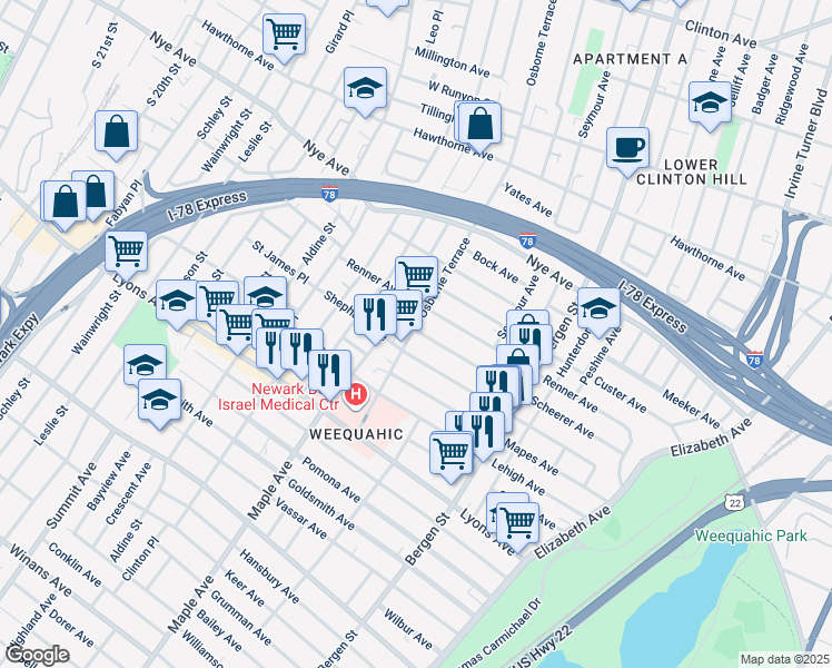 map of restaurants, bars, coffee shops, grocery stores, and more near 249 Renner Avenue in Newark
