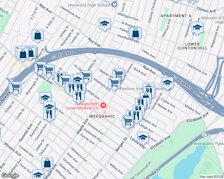 map of restaurants, bars, coffee shops, grocery stores, and more near 133 Huntington Terrace in Newark