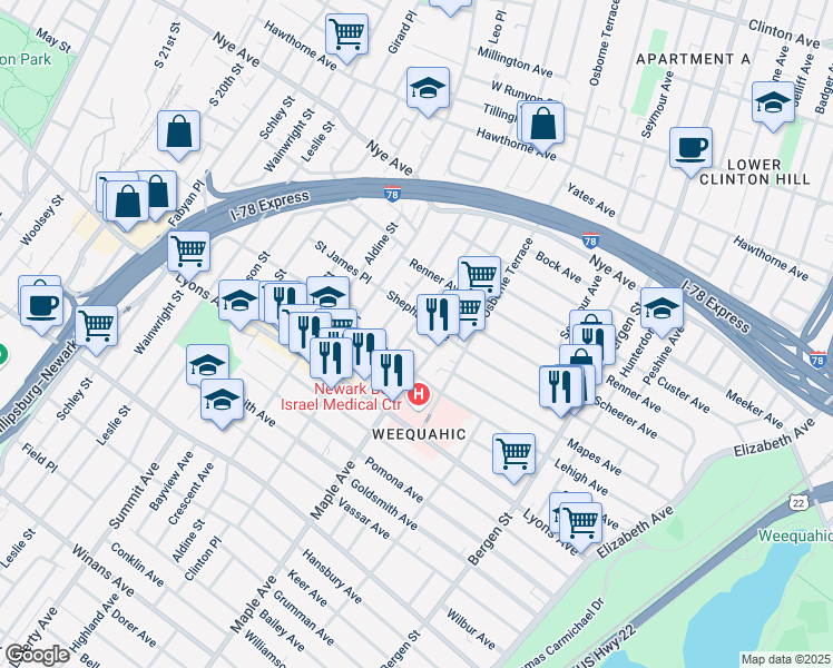map of restaurants, bars, coffee shops, grocery stores, and more near in Newark