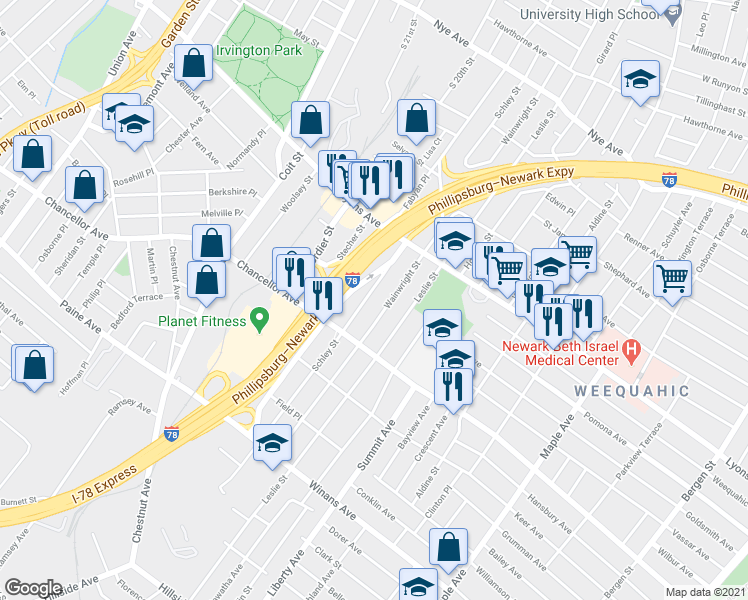 map of restaurants, bars, coffee shops, grocery stores, and more near 248 Schley Street in Newark
