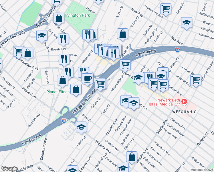 map of restaurants, bars, coffee shops, grocery stores, and more near 259 Schley Street in Newark