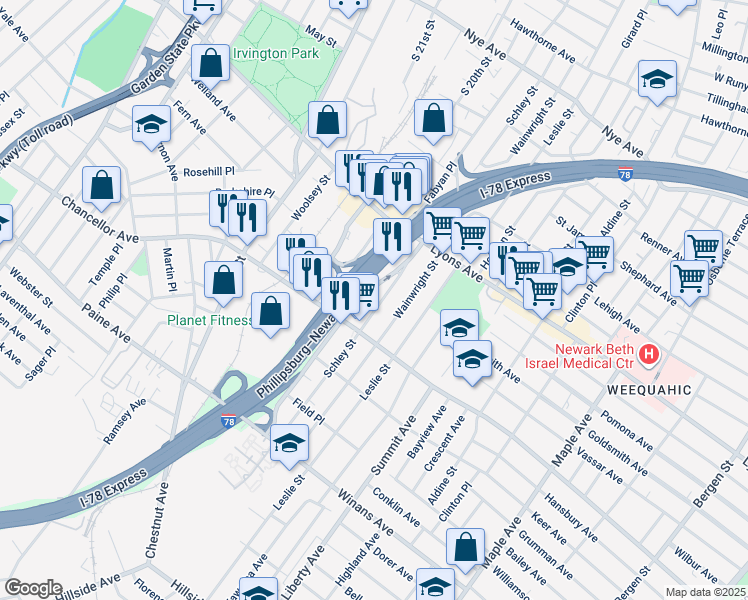 map of restaurants, bars, coffee shops, grocery stores, and more near 259 Schley Street in Newark