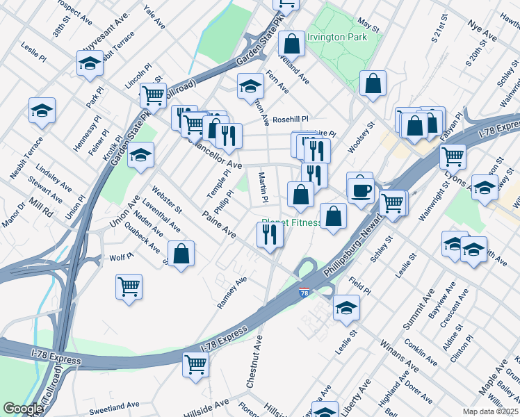 map of restaurants, bars, coffee shops, grocery stores, and more near 38 Greene Terrace in Irvington