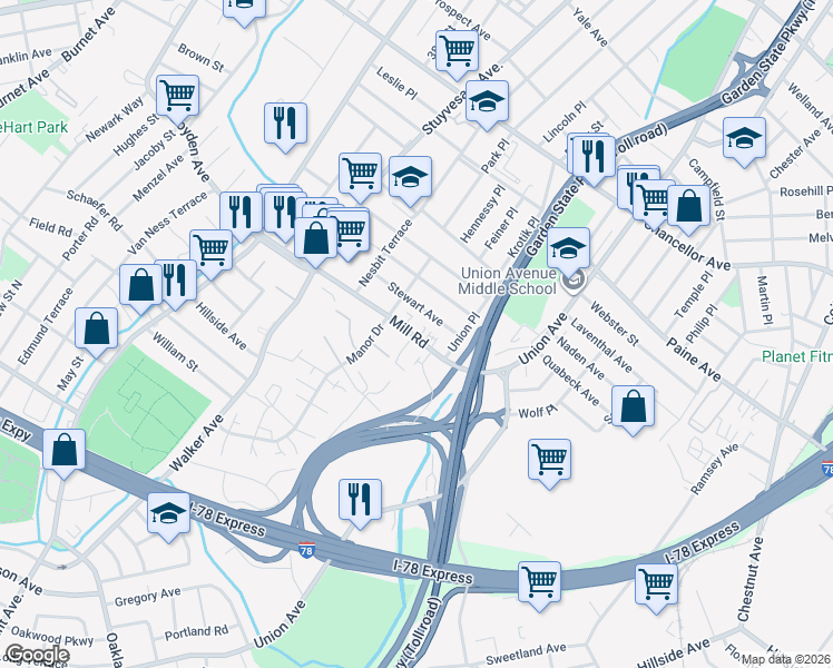 map of restaurants, bars, coffee shops, grocery stores, and more near 12 Orchard Place in Irvington