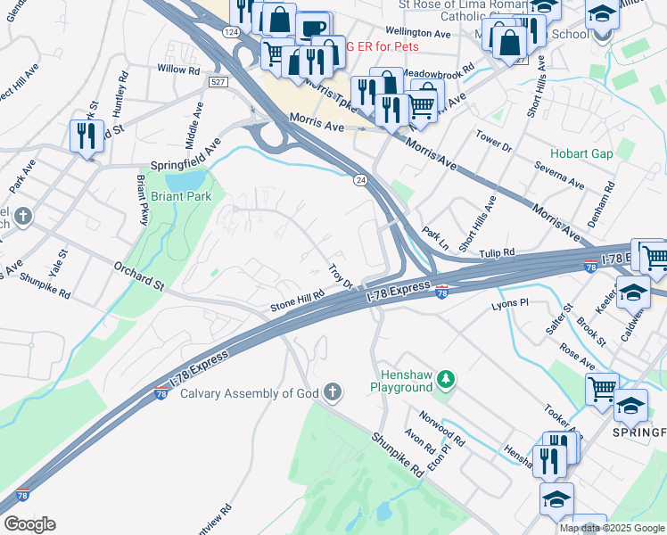 map of restaurants, bars, coffee shops, grocery stores, and more near 43 Woodcrest Circle in Springfield