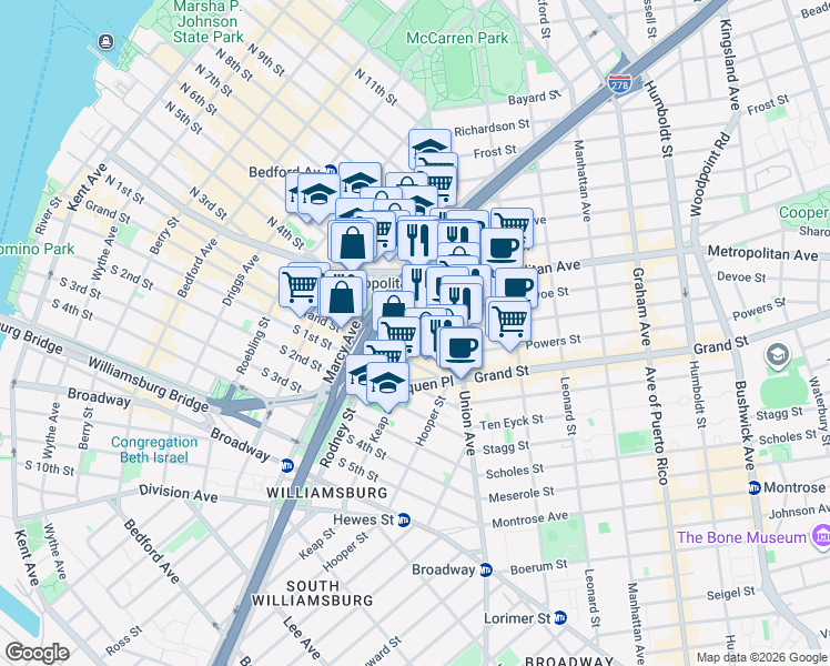 map of restaurants, bars, coffee shops, grocery stores, and more near 45 Ainslie Street in Brooklyn