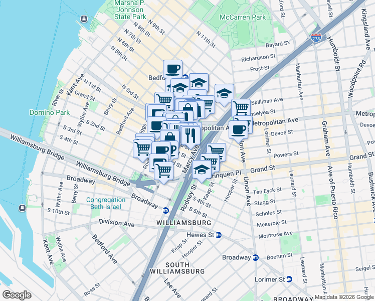 map of restaurants, bars, coffee shops, grocery stores, and more near 40 Marcy Avenue in Brooklyn