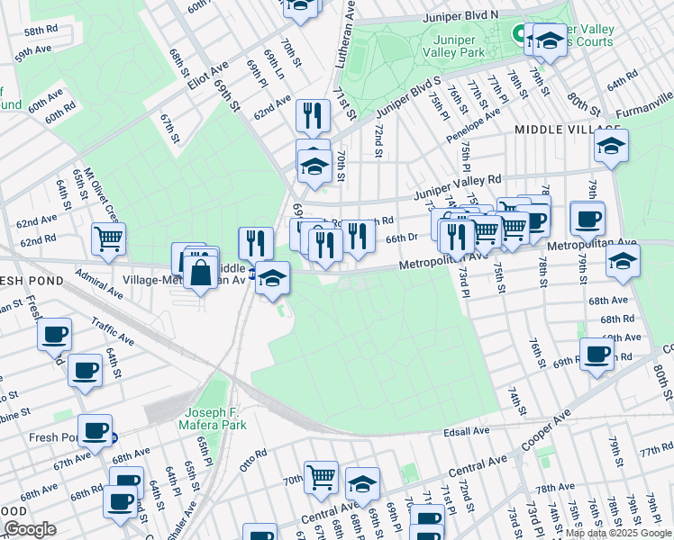 map of restaurants, bars, coffee shops, grocery stores, and more near 66-58 70th Street in Queens