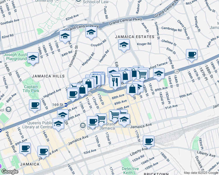 map of restaurants, bars, coffee shops, grocery stores, and more near 175-27 Wexford Terrace in Queens