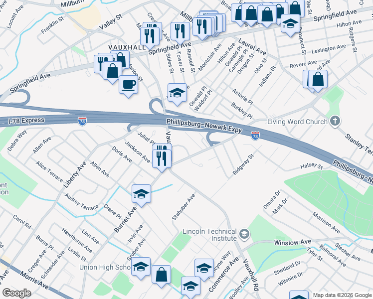 map of restaurants, bars, coffee shops, grocery stores, and more near 2536 Gallini Drive in Union