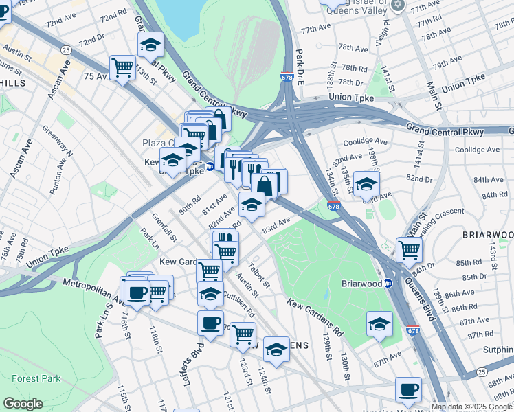 map of restaurants, bars, coffee shops, grocery stores, and more near 123-20 82nd Avenue in Queens