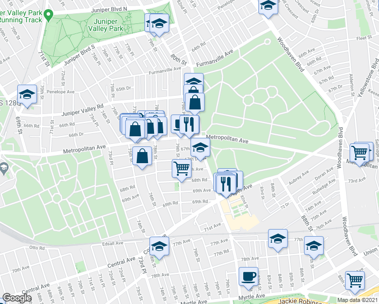 map of restaurants, bars, coffee shops, grocery stores, and more near 79-24 67th Road in Queens