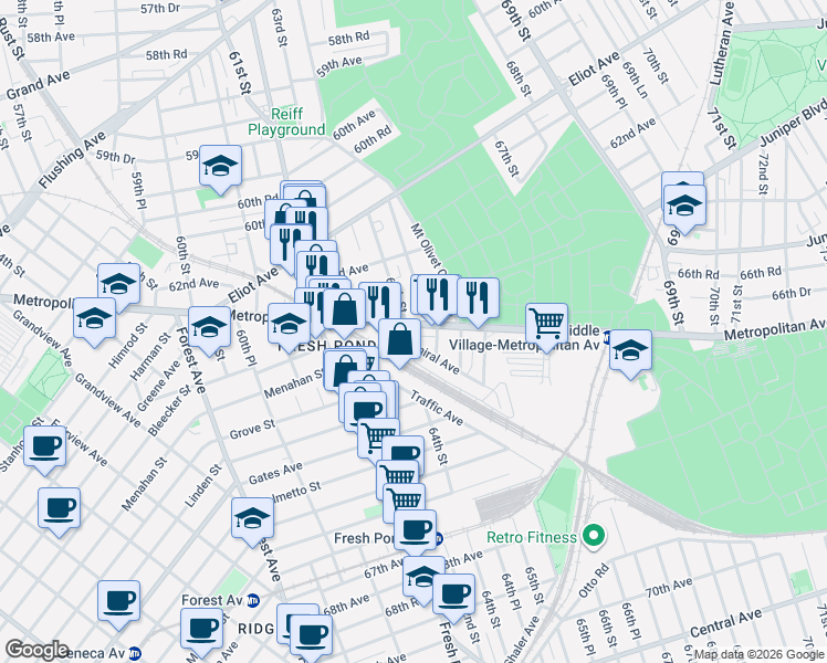 map of restaurants, bars, coffee shops, grocery stores, and more near 62-52 64th Street in Queens