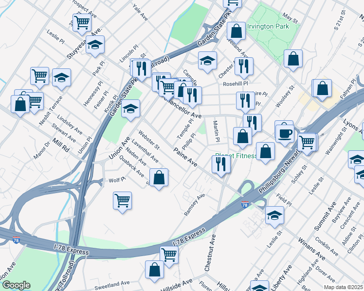 map of restaurants, bars, coffee shops, grocery stores, and more near 39 Temple Place in Irvington