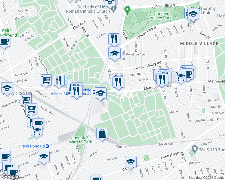 map of restaurants, bars, coffee shops, grocery stores, and more near 66-78 69th Street in Queens