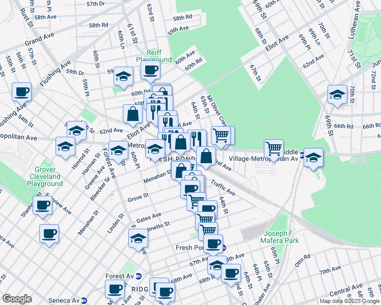 map of restaurants, bars, coffee shops, grocery stores, and more near 63-07 Metropolitan Avenue in Queens