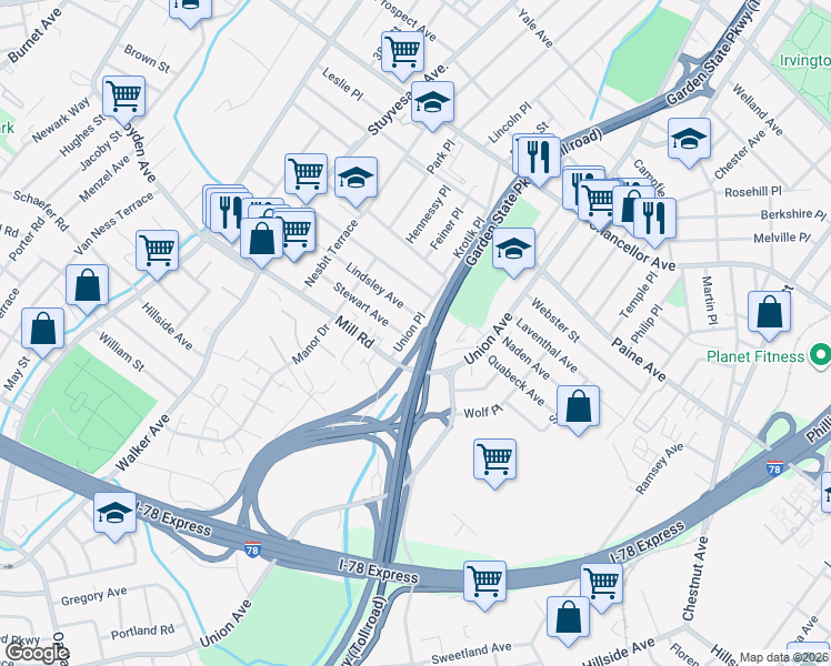 map of restaurants, bars, coffee shops, grocery stores, and more near 49 Union Place in Irvington