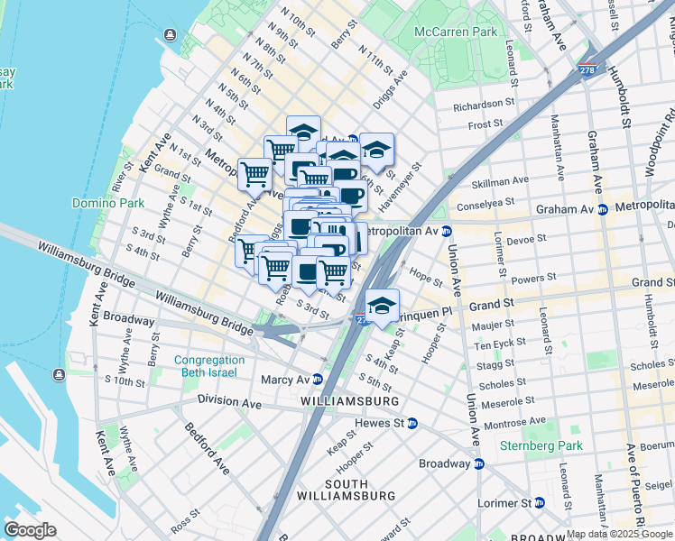 map of restaurants, bars, coffee shops, grocery stores, and more near 131 Havemeyer Street in Brooklyn