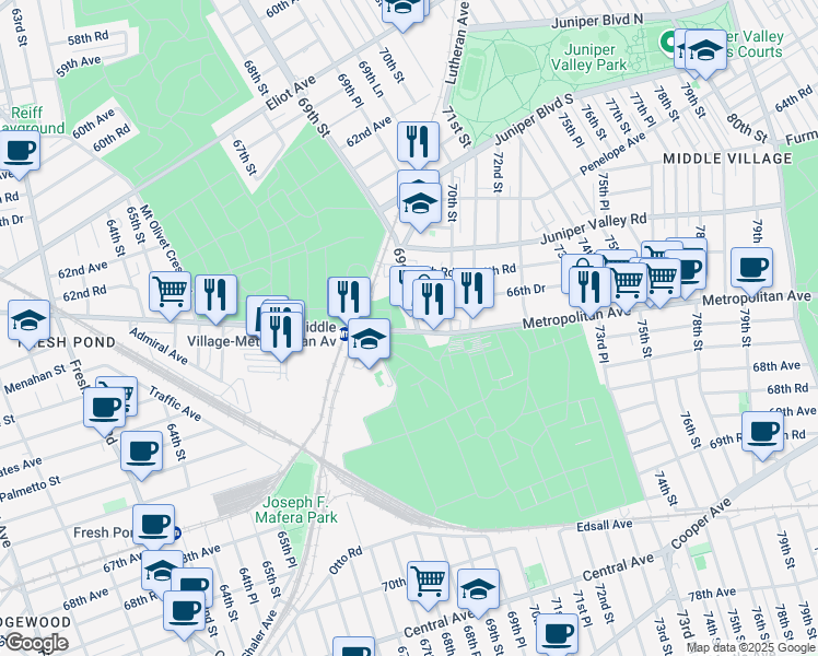 map of restaurants, bars, coffee shops, grocery stores, and more near 66-64 69th Street in Queens