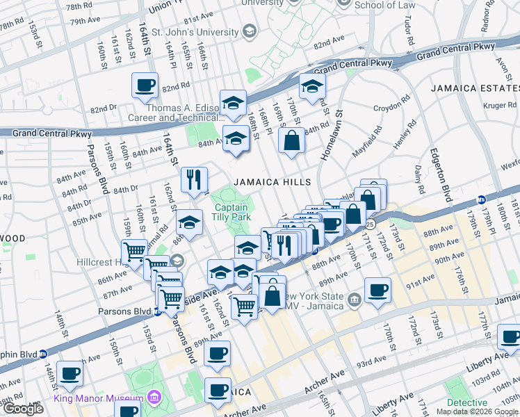 map of restaurants, bars, coffee shops, grocery stores, and more near 167-01 Gothic Drive in Queens