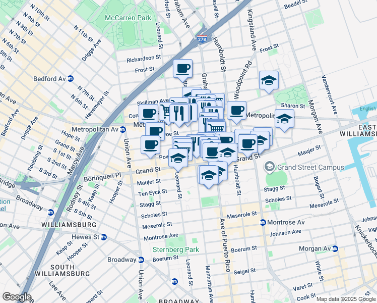 map of restaurants, bars, coffee shops, grocery stores, and more near 119 Powers Street in Brooklyn