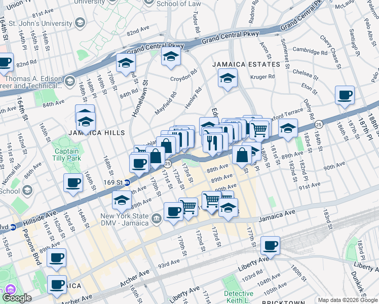 map of restaurants, bars, coffee shops, grocery stores, and more near Wexford Terrace & Kingston Pl in Queens