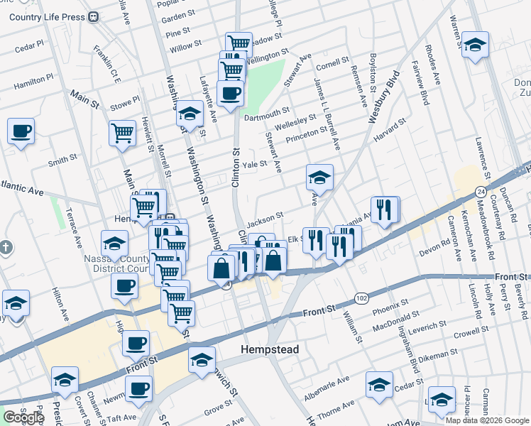 map of restaurants, bars, coffee shops, grocery stores, and more near 262 East Columbia Street in Hempstead