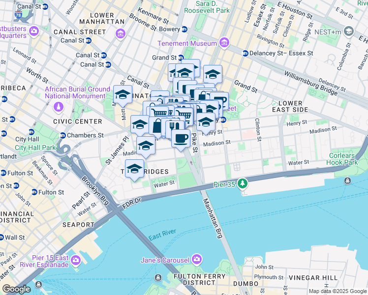 map of restaurants, bars, coffee shops, grocery stores, and more near 134 Madison Street in New York