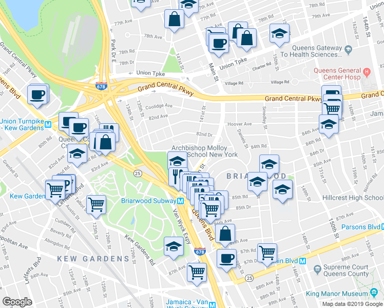 map of restaurants, bars, coffee shops, grocery stores, and more near 139-1 83rd Avenue in Queens
