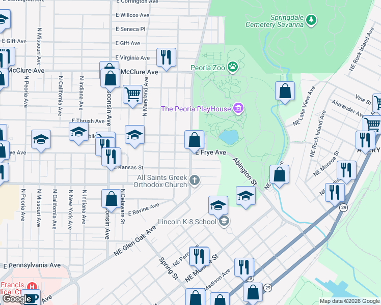 map of restaurants, bars, coffee shops, grocery stores, and more near N Prospect Rd & E Frye Ave in Peoria