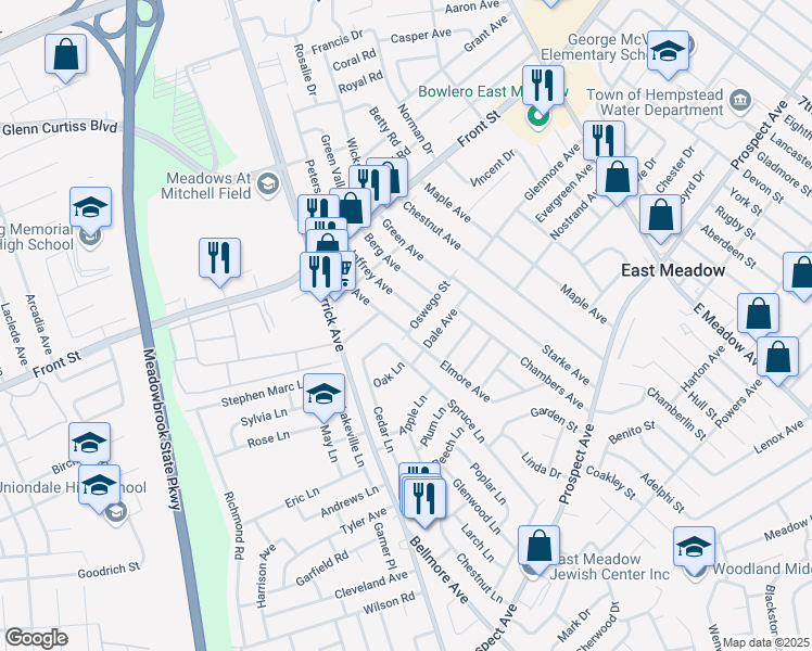 map of restaurants, bars, coffee shops, grocery stores, and more near 449 Gates Avenue in East Meadow