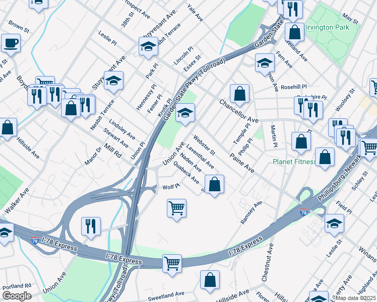 map of restaurants, bars, coffee shops, grocery stores, and more near 477 Union Avenue in Irvington