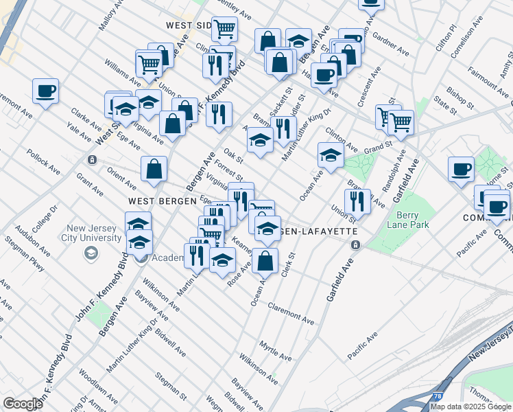 map of restaurants, bars, coffee shops, grocery stores, and more near 410 Martin Luther King Junior Drive in Jersey City