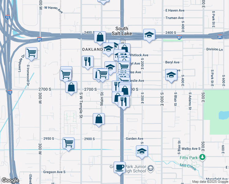 map of restaurants, bars, coffee shops, grocery stores, and more near 2628 South State Street in Salt Lake City