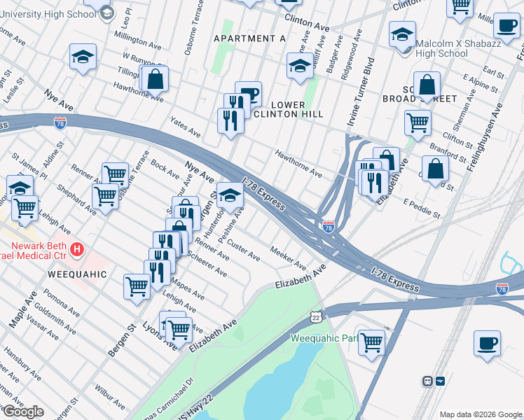 map of restaurants, bars, coffee shops, grocery stores, and more near 440 Jelliff Avenue in Newark