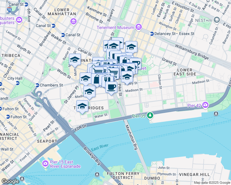 map of restaurants, bars, coffee shops, grocery stores, and more near 134 Madison Street in New York